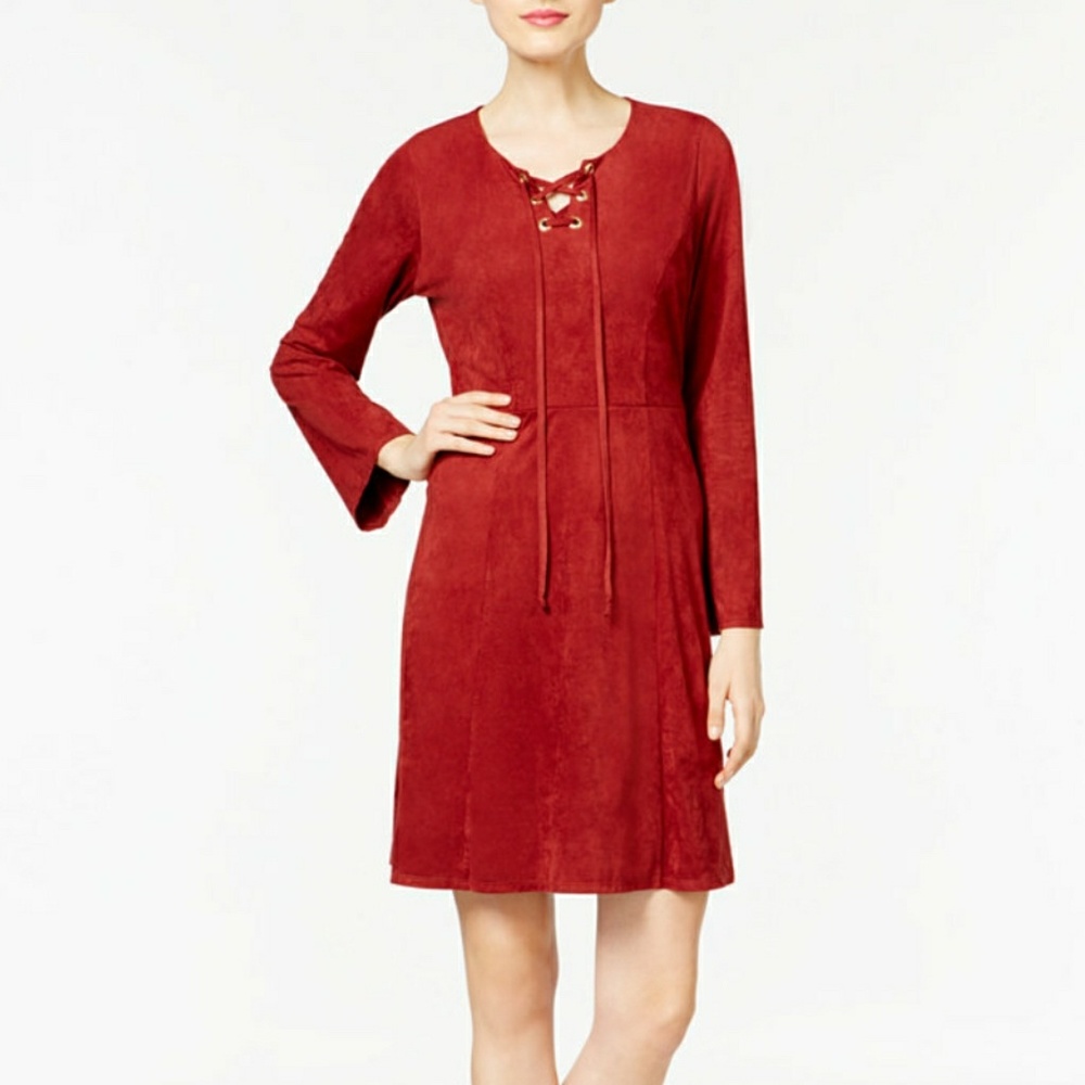 Faux Suede Lace-up Fit and Flare Dress